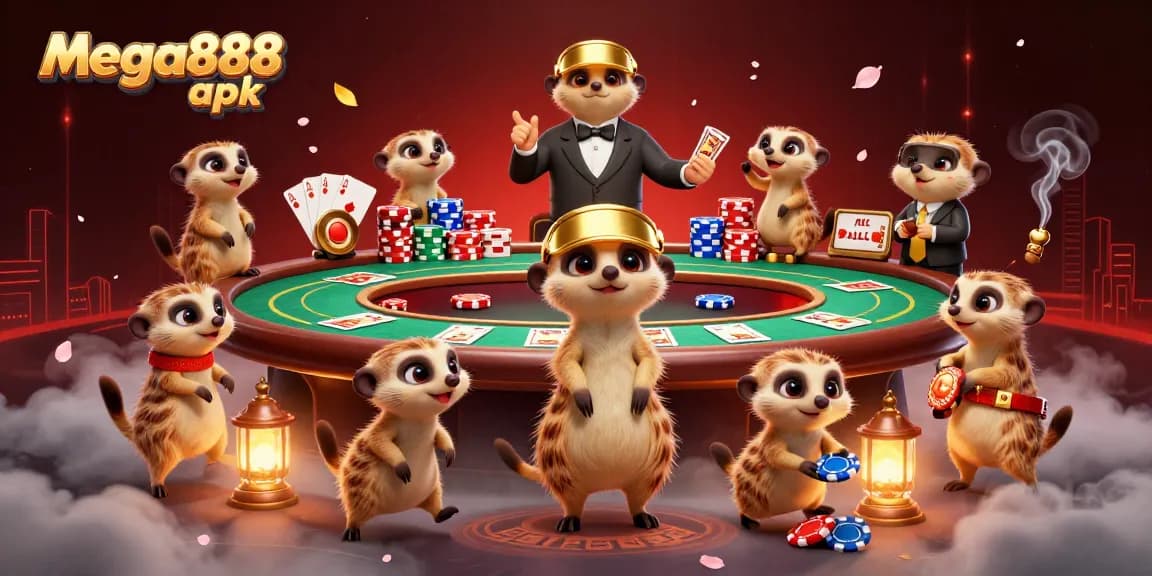 Experience the excitement of mega888 apk with animated meerkats in a vibrant casino scene.