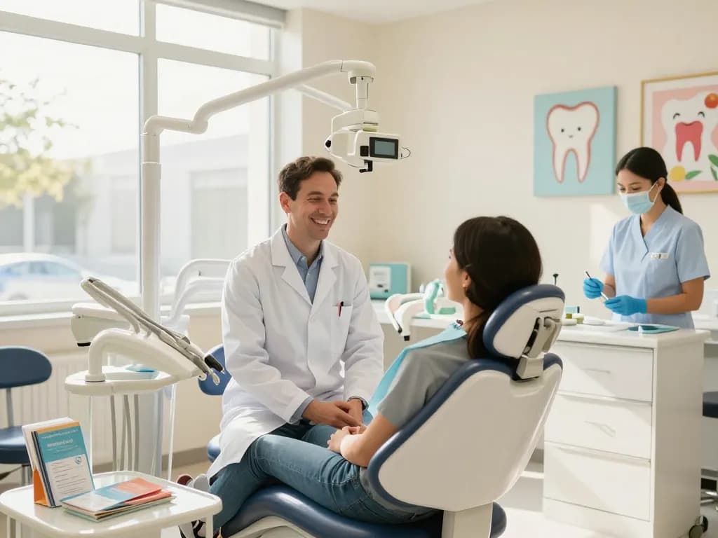 Dental clinic near me with friendly dentist and patient in a bright, modern setting.