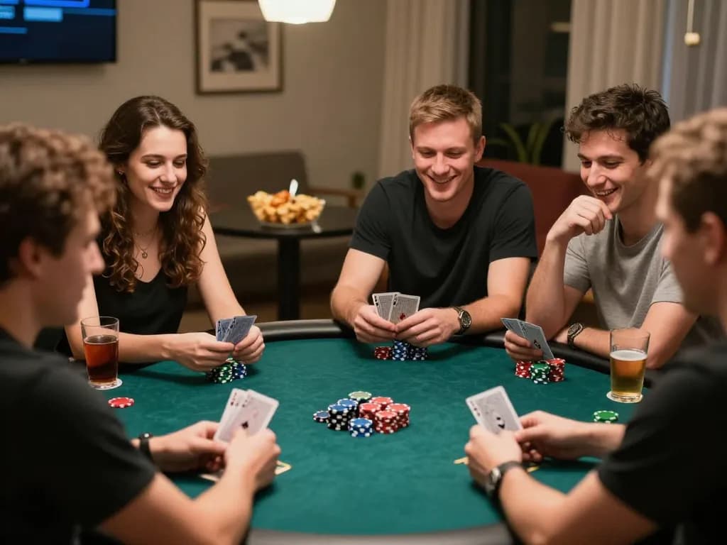Engaging home poker night with friends, showcasing strategic gameplay and camaraderie during responsible gambling.