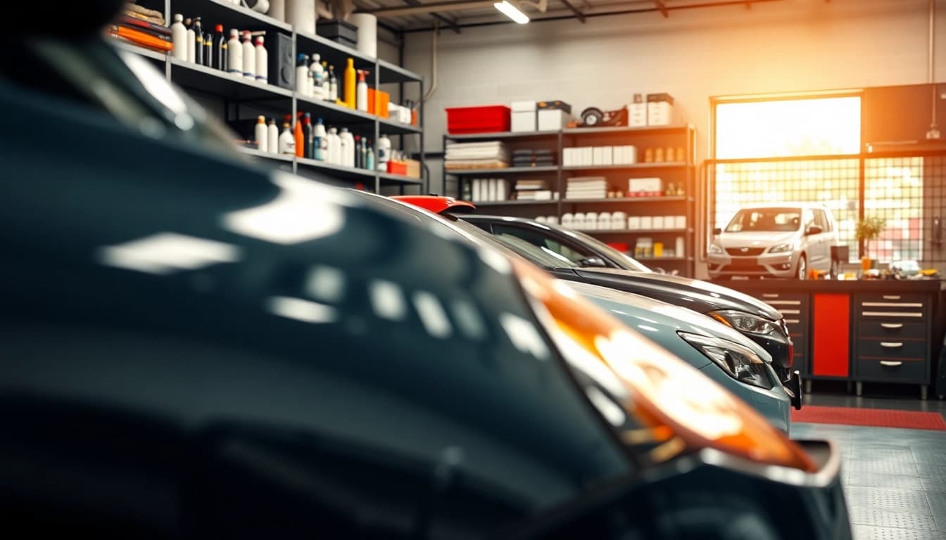 Autopflege Shop mit einem professionellen Setup für die Autopflege und glänzenden Autos im Hintergrund.