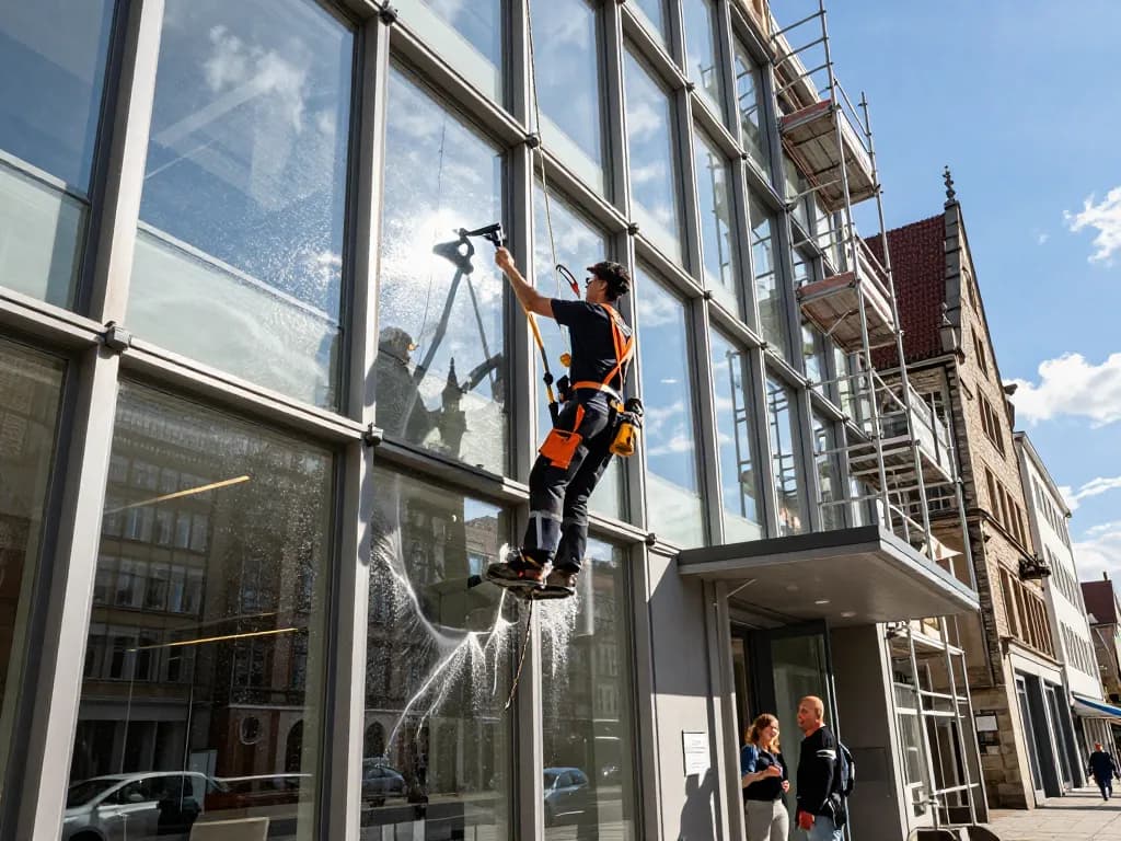 Professioneller Fensterreinigung – Münster & Umgebung Service in Aktion, der einen Reiniger zeigt, der fachmännisch funkelnde Fenster pflegt.