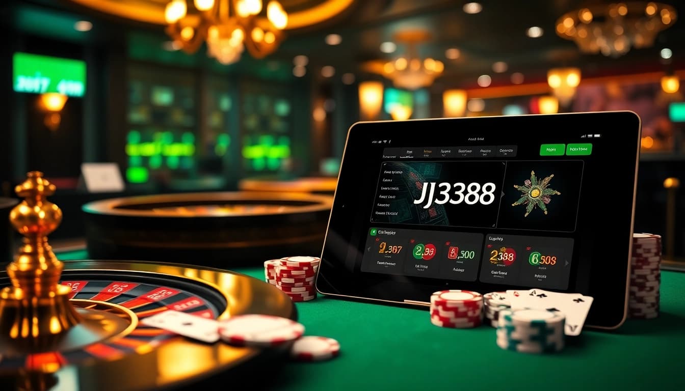 BJ388 players enjoying a premium casino experience with roulette, poker chips, and sleek online betting platform.