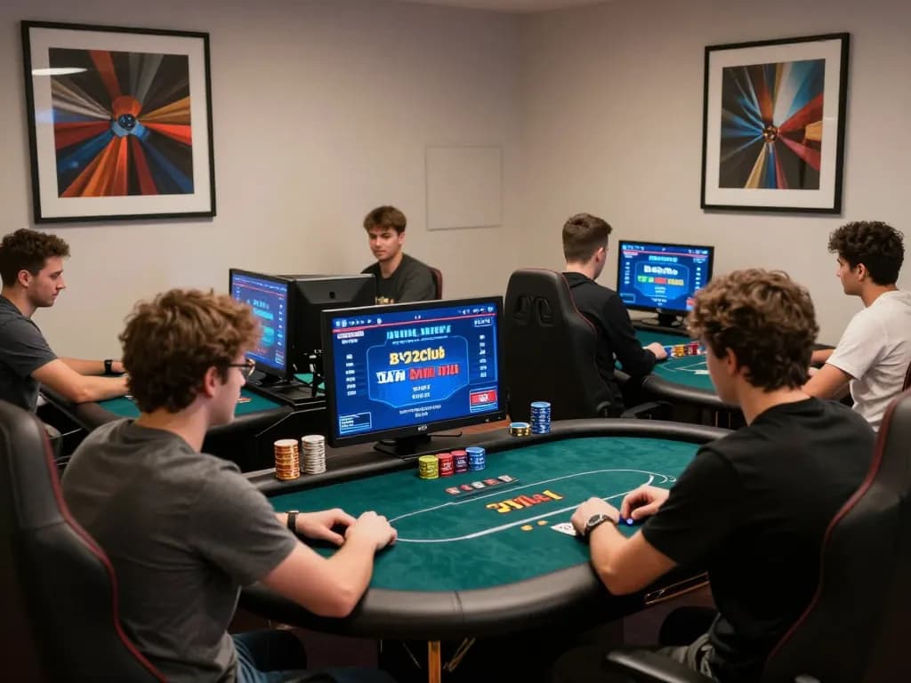 Players strategizing during a dynamic B52club online poker match in an engaging home workspace