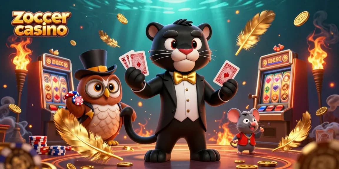 Engage with zoccer casino in a vibrant 3D scene featuring a panther dealer and friends.