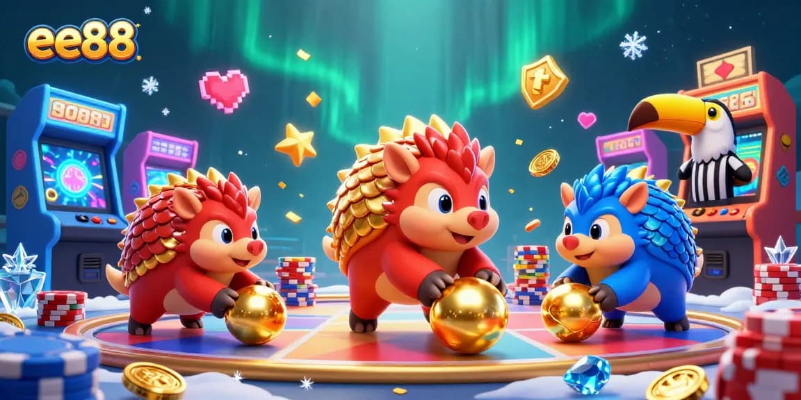 Experience winning thrills with ee88 as pangolins roll through poker chip stacks amidst casino game elements.