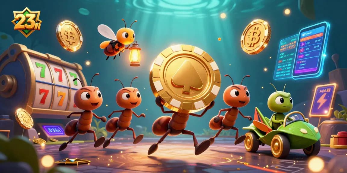 Experience thrilling adventures of 23win as cartoon ants conquer the casino realm with a golden chip.