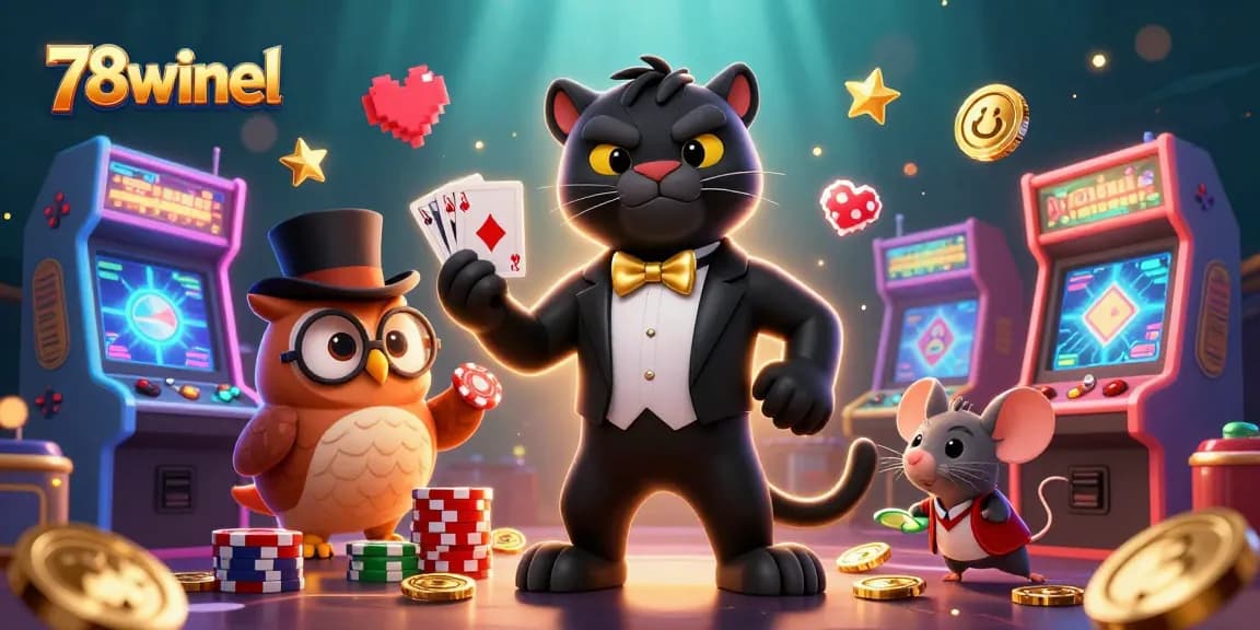 Engage in exciting gameplay with 78winel while a stylish panther deals cards at a vibrant casino scene.