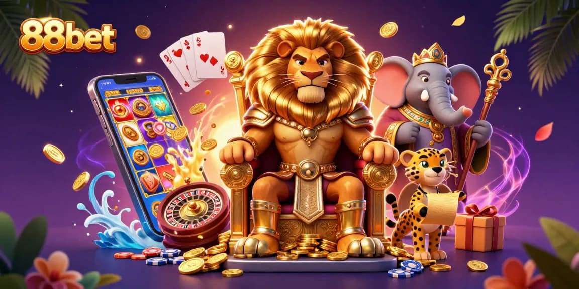 88bet showcases thrilling gaming with a majestic lion king and dynamic casino elements.