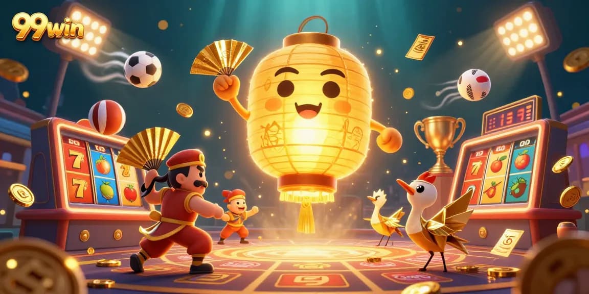 Experience winning at 99win with vibrant slot reels and lucky symbols in a dynamic casino illustration