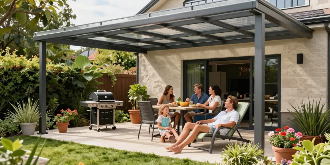 Terrassenüberdachung im Garten mit Familie und Freunden, entspannte Atmosphäre mit Grill und Pflanzen.