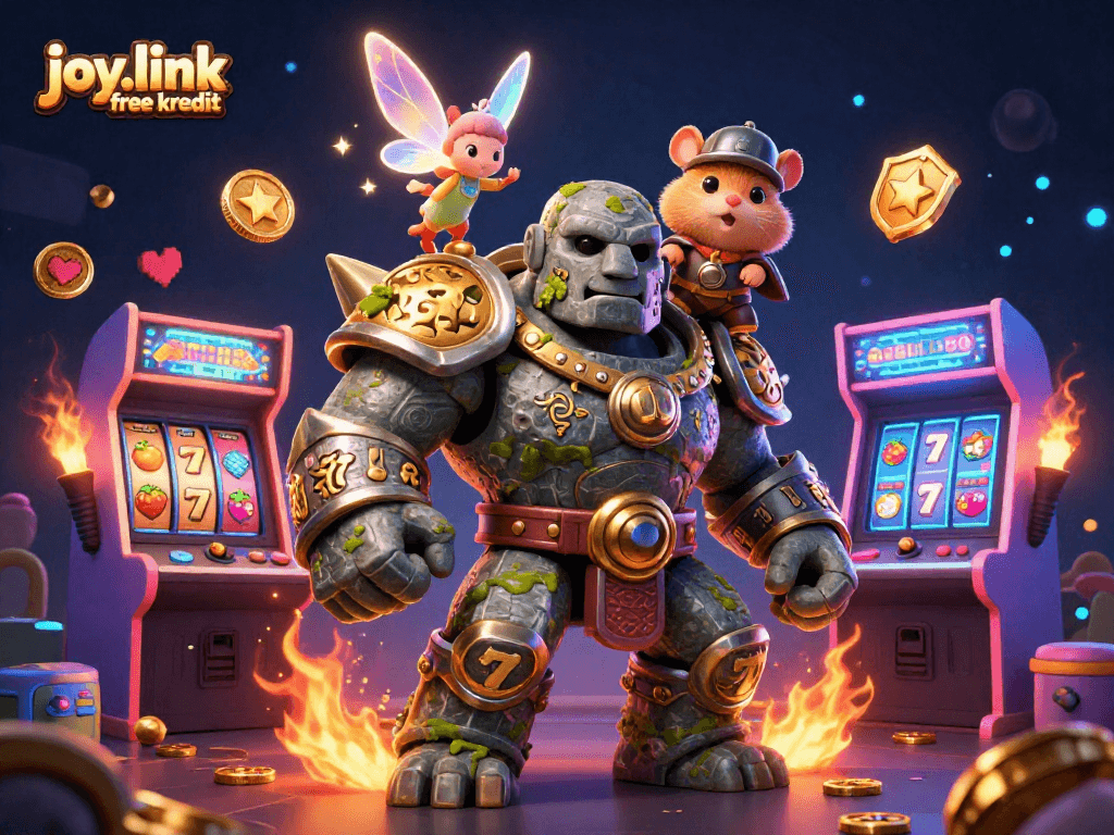 Engage with joy.link free kredit in this lively 3D casino scene showcasing characters and iconic gaming elements.