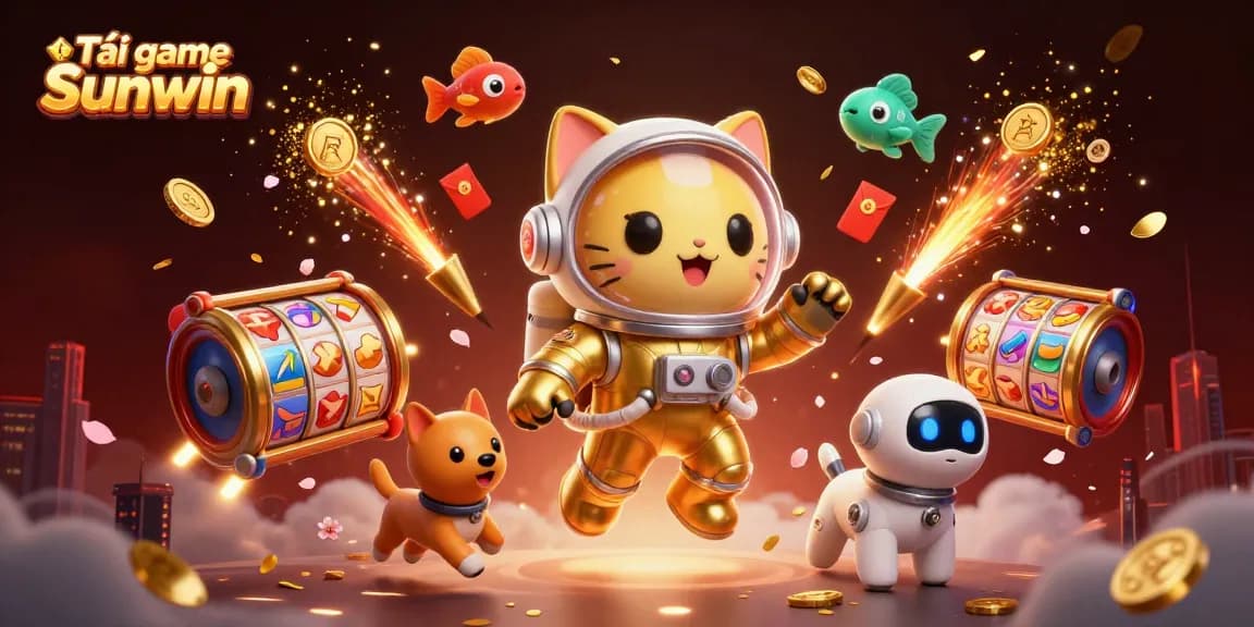 Tải game Sunwin with a dynamic 3D illustration of an astronaut cat, robot dog, and vibrant casino elements