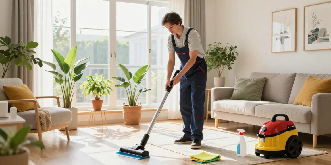Professional cleaner at work in a bright living room, showcasing reinigungsfirmen bern services and sparkling clean surfaces.