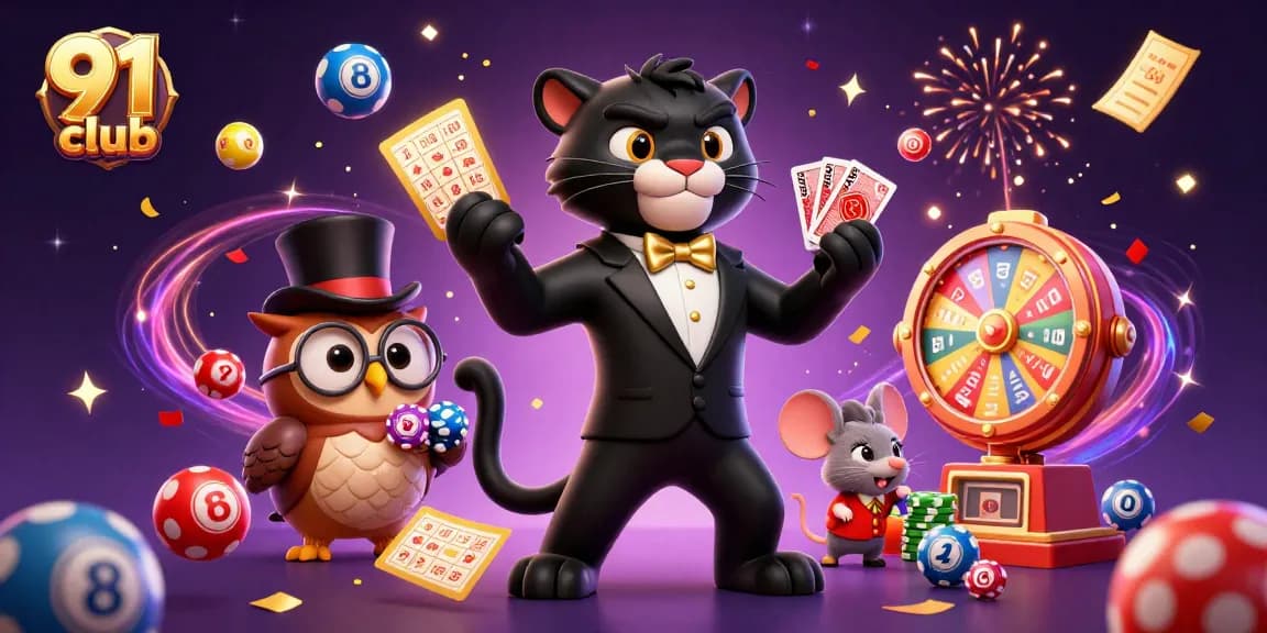 Engage with 91 club through an exciting casino-themed illustration showcasing vibrant gaming elements and characters.
