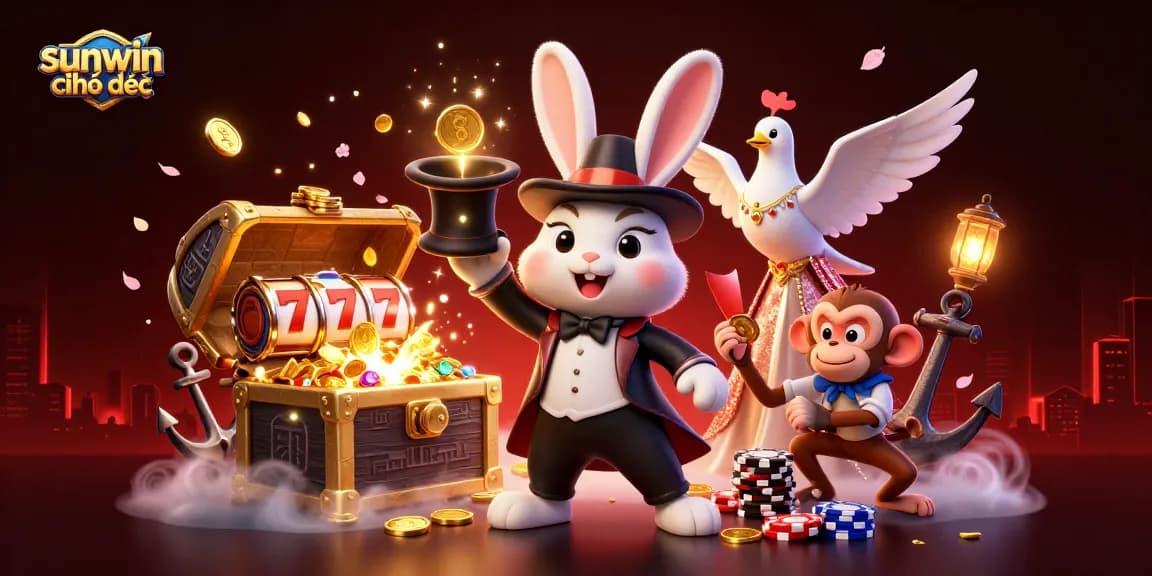 Experience the magic of sunwin chính thức with a 3D illustration showcasing thrilling casino games and vibrant characters.