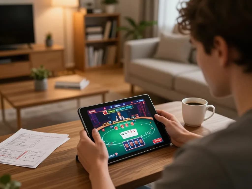 Engaging in online poker gaming with hitclub on tablet, warm home setting enhances the experience