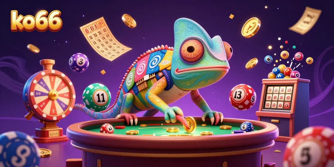 Join the action at ko66 with vibrant lottery balls and a chameleon casino owner in a lively scene
