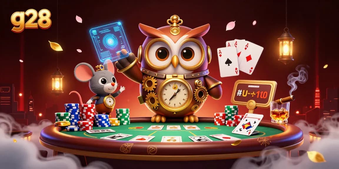g28 poker scene with a time-traveler owl and rich Victorian casino elements