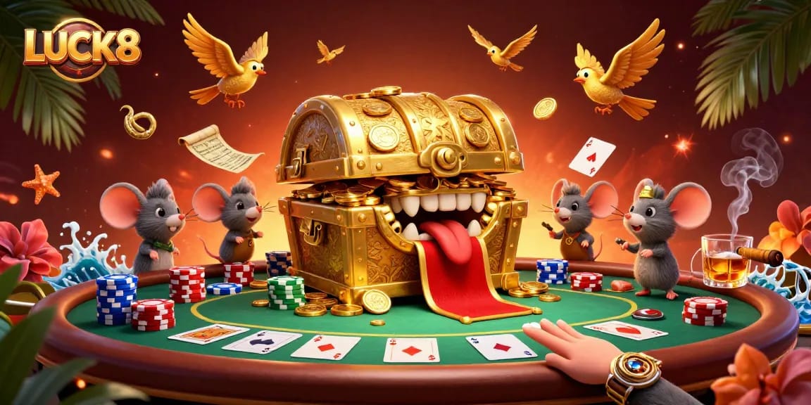 Engage in thrilling poker adventures with LUCK8 in this vibrant casino illustration.