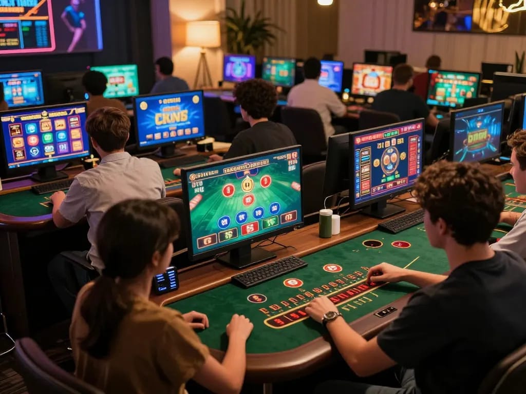 Players enjoying online gaming at fc88on, showcasing interactive slots and casino games in a cozy setting.