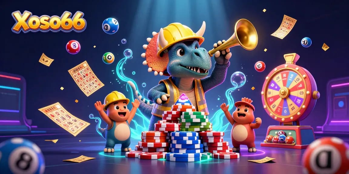 Xoso66 showcases exciting lottery thrills with vibrant 3D characters and colorful game elements in a lively casino scene.