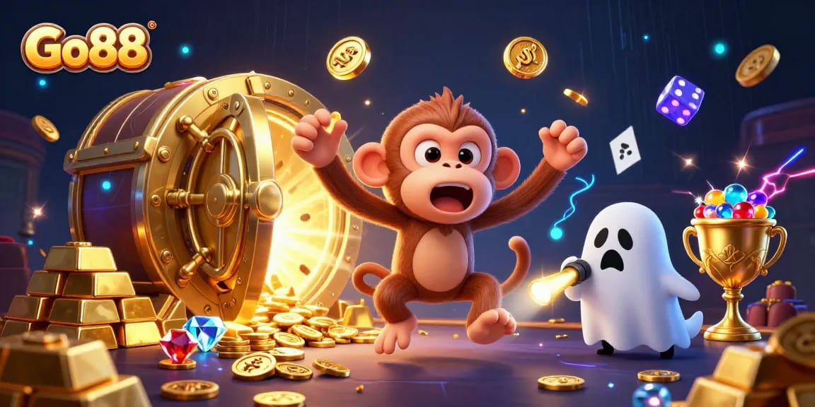 Experience thrilling gameplay at Go88 with a haunted casino scene featuring mystical characters and treasures.