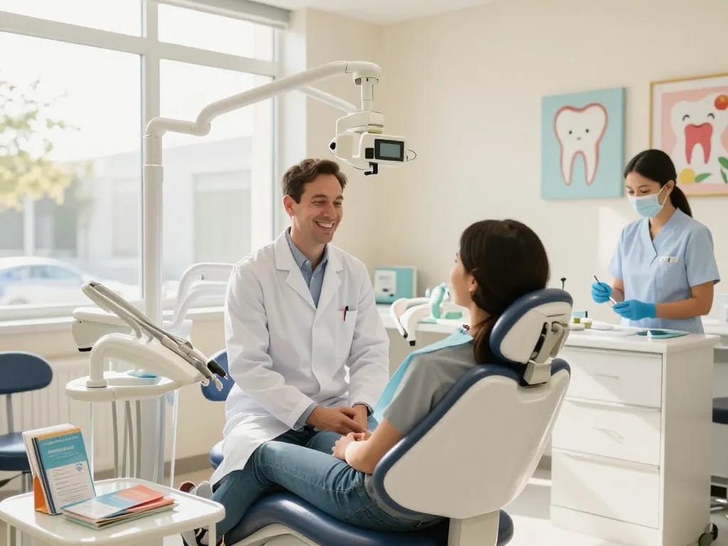 Dental clinic near me with friendly dentist and patient in a bright, modern setting.