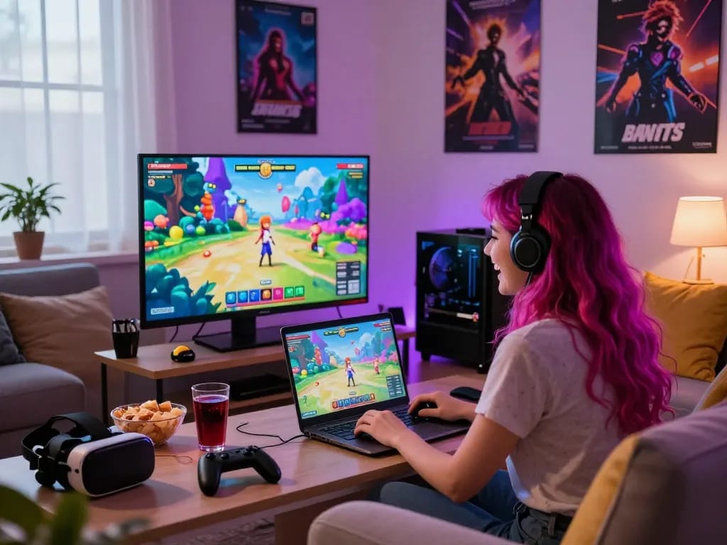 Engaged gamer enjoying a free sex game in a cozy living room, showcasing vibrant gaming elements and atmosphere.