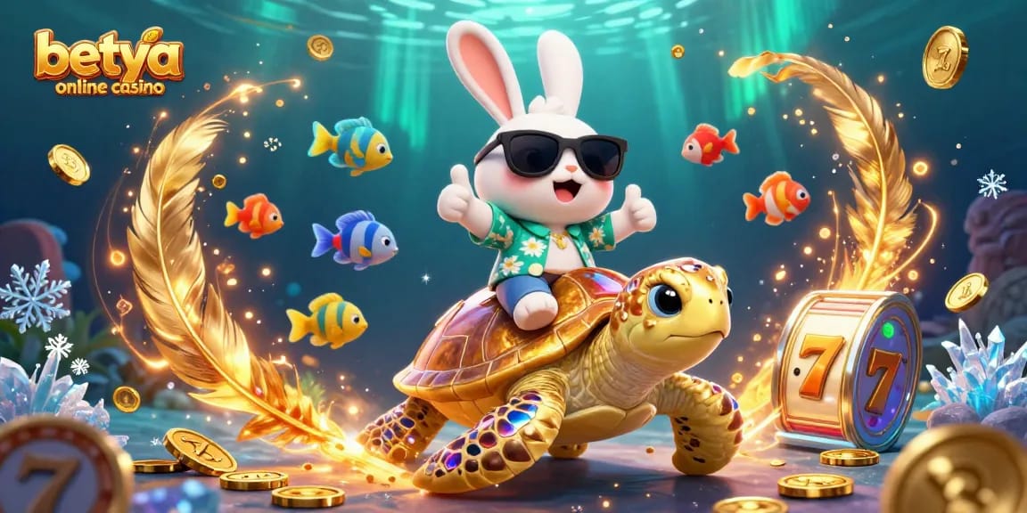 Engage with exciting games at betya online casino with a whimsical 3D illustration featuring a lucky rabbit and golden turtle.