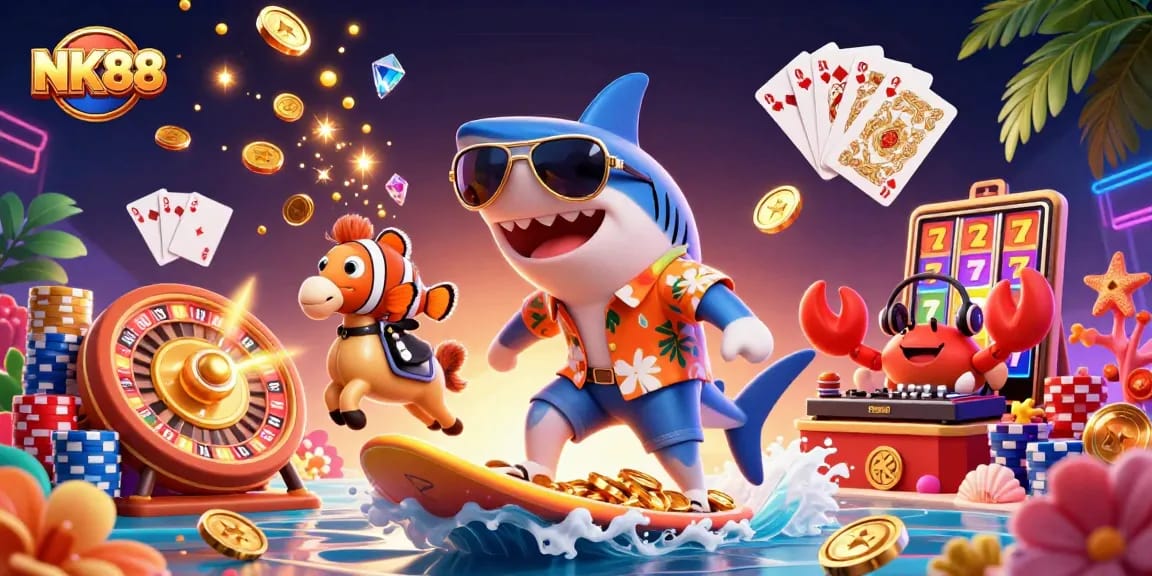 Experience thrilling gameplay at NK88 with colorful casino elements and playful characters.