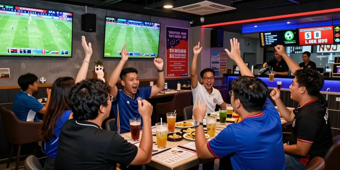 Exciting football betting Malaysia scene with fans cheering in a sports bar during live matches.