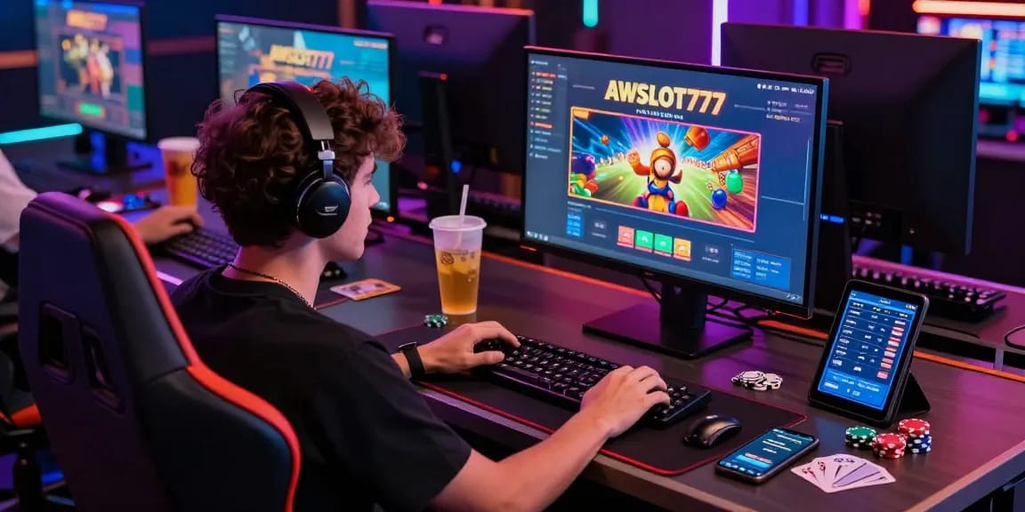 Player enjoying slot gacor experience with advanced gaming setup and vibrant atmosphere