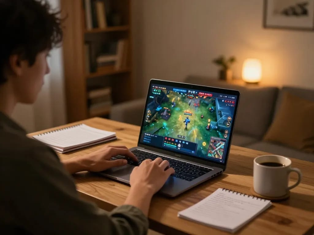 Engaging in game đổi thưởng uy tín on a laptop in a cozy home gaming setup with strategic notes.