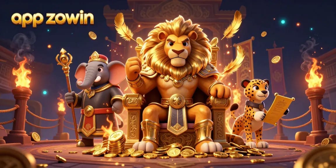 Engage with exciting games in app zowin, featuring a vibrant casino scene with a lion king and friends.