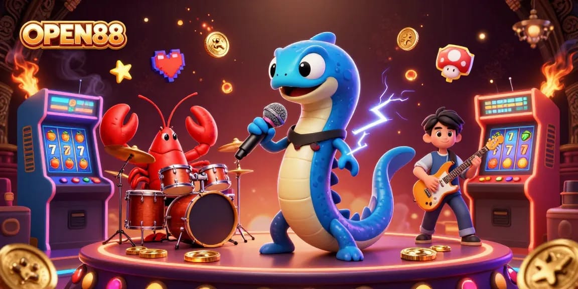Engage with OPEN88's vibrant underwater casino scene featuring a DJ electric eel, lobster drummer, and seahorse guitarist.