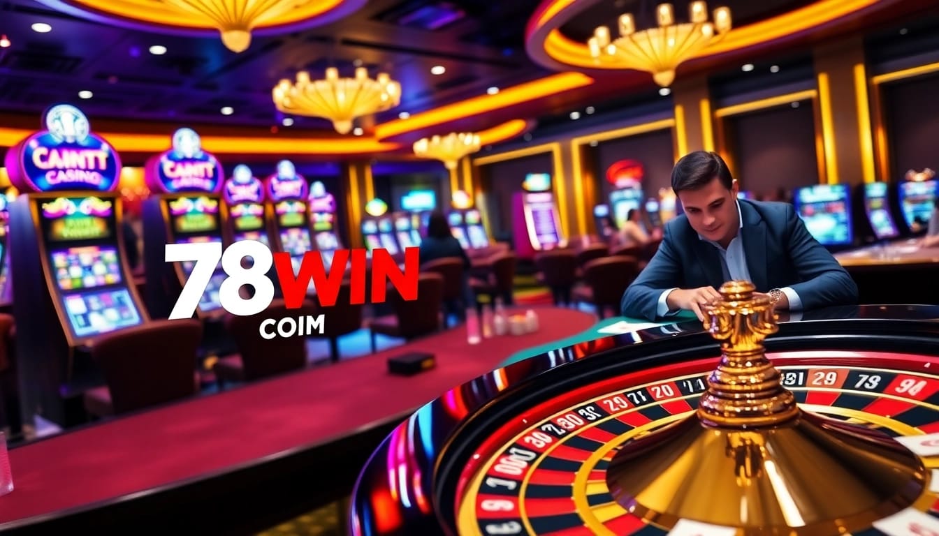 A gambler winning at a casino table featuring the 78WIN COM logo, surrounded by chips and cards.