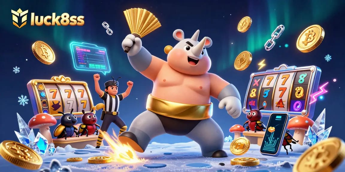 Engage with luck8ss and win as the beetle champion stomps golden coins in this casino scene.