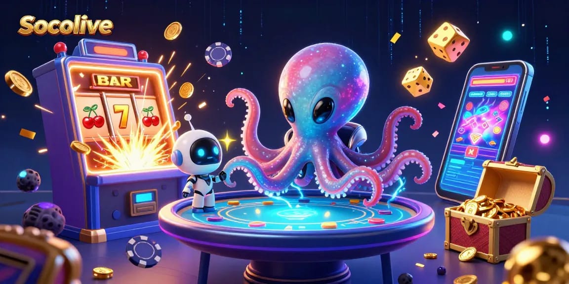 Socolive showcases an alien octopus at a futuristic poker table with exciting game elements and vibrant effects.