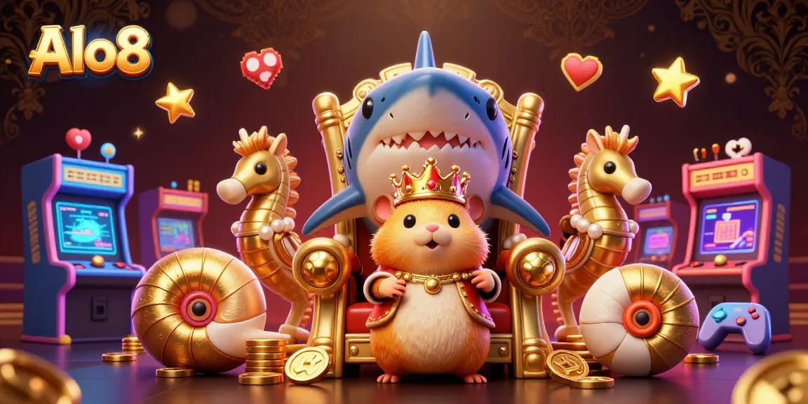 Alo8 features a vibrant 3D casino illustration with a golden hamster king surrounded by playful game elements and royal guards.