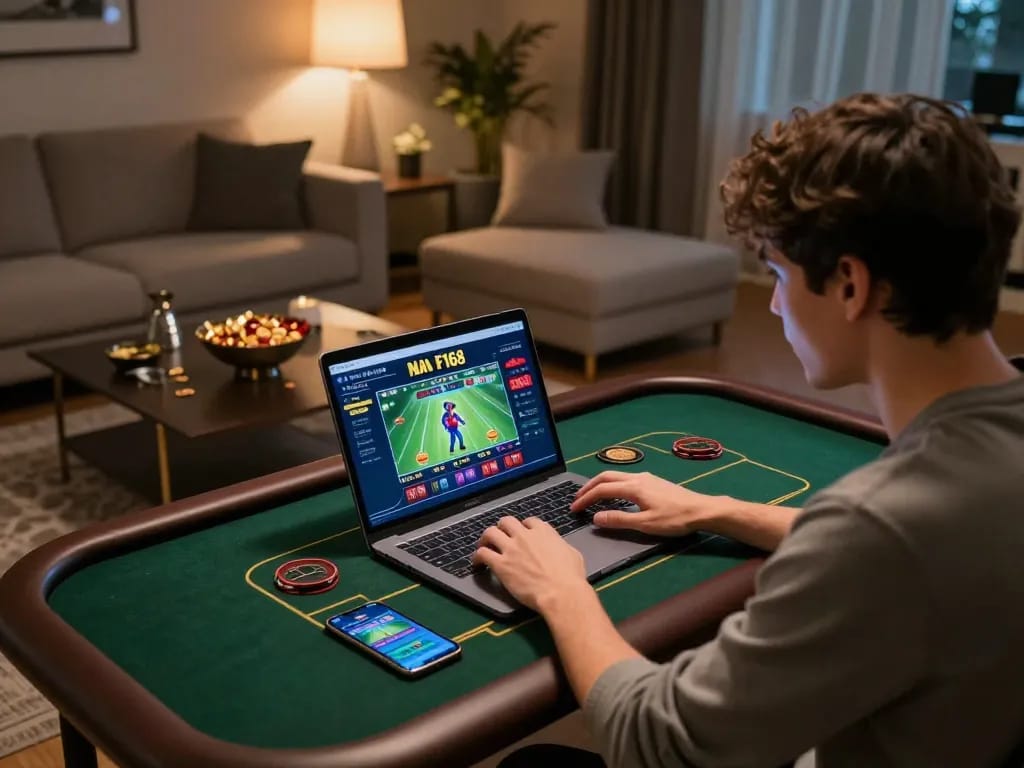 Engaged player enjoying Nhà cái F168's online casino games in a cozy home environment.