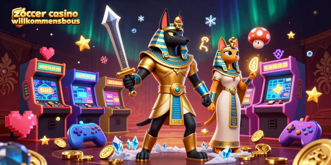 Zoccer Casino Willkommensbonus: Spieler genießen aufregende Spielmomente mit Anubis und Bastet.