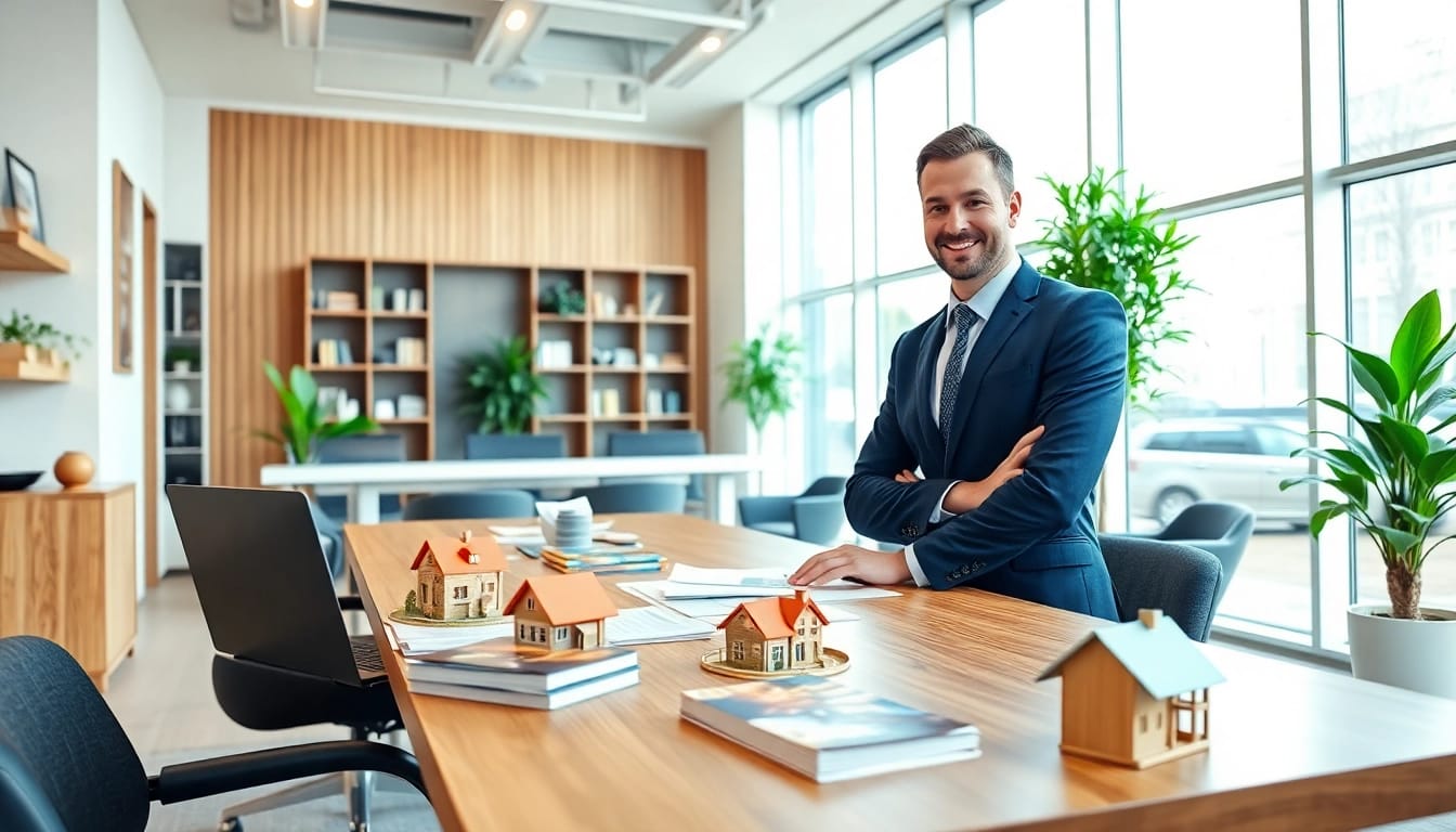 Immobilienmakler Frankfurt Sachsenhausen präsentiert moderne Immobilien in einem einladenden Büro.