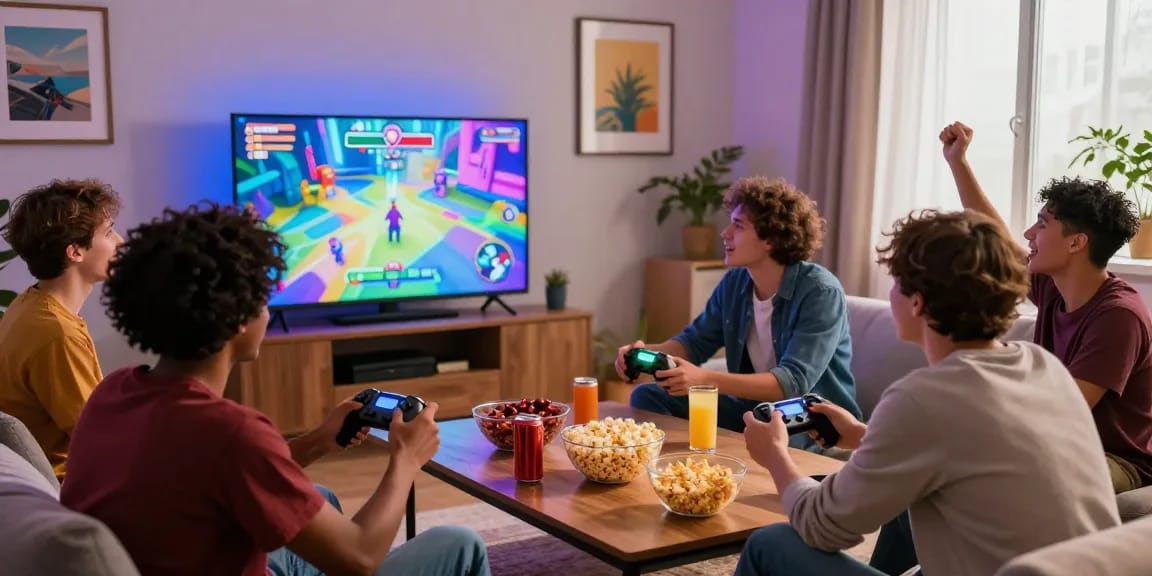 Friends enjoying a thrilling hentaigame session on a console, surrounded by snacks in a cozy living room.
