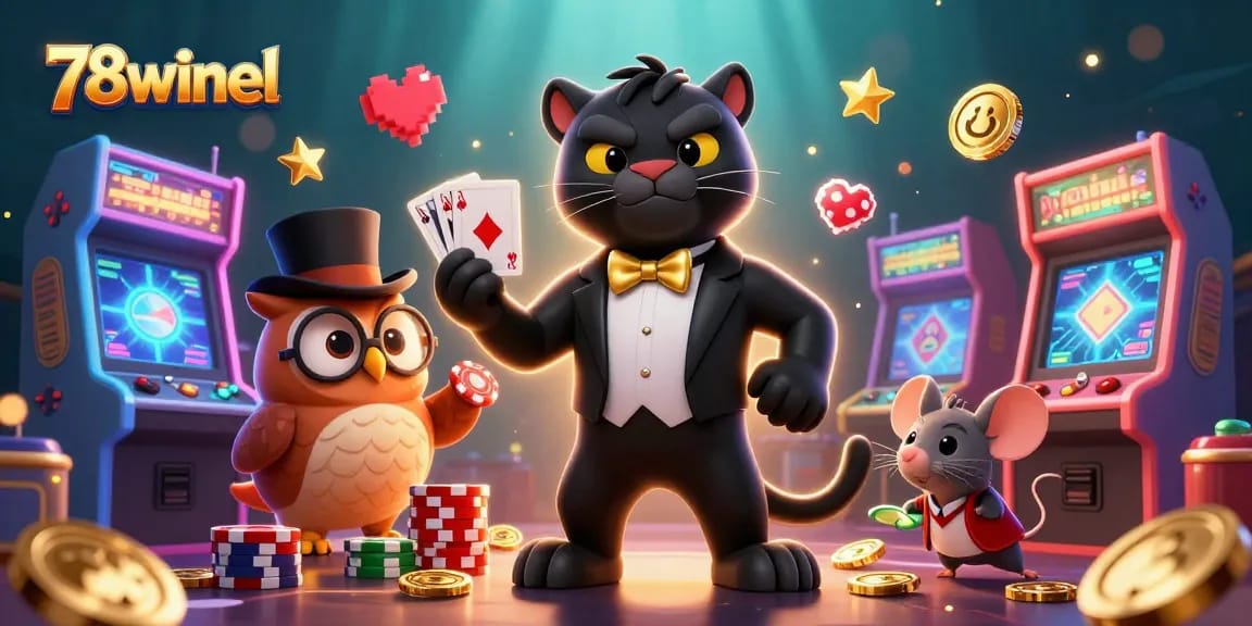 Engage in exciting gameplay with 78winel while a stylish panther deals cards at a vibrant casino scene.