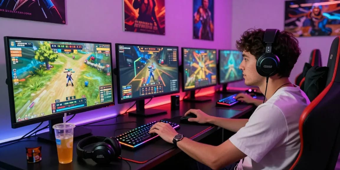 Gamer immersed in XX88 online gaming experience with multiple monitors and vibrant atmosphere.