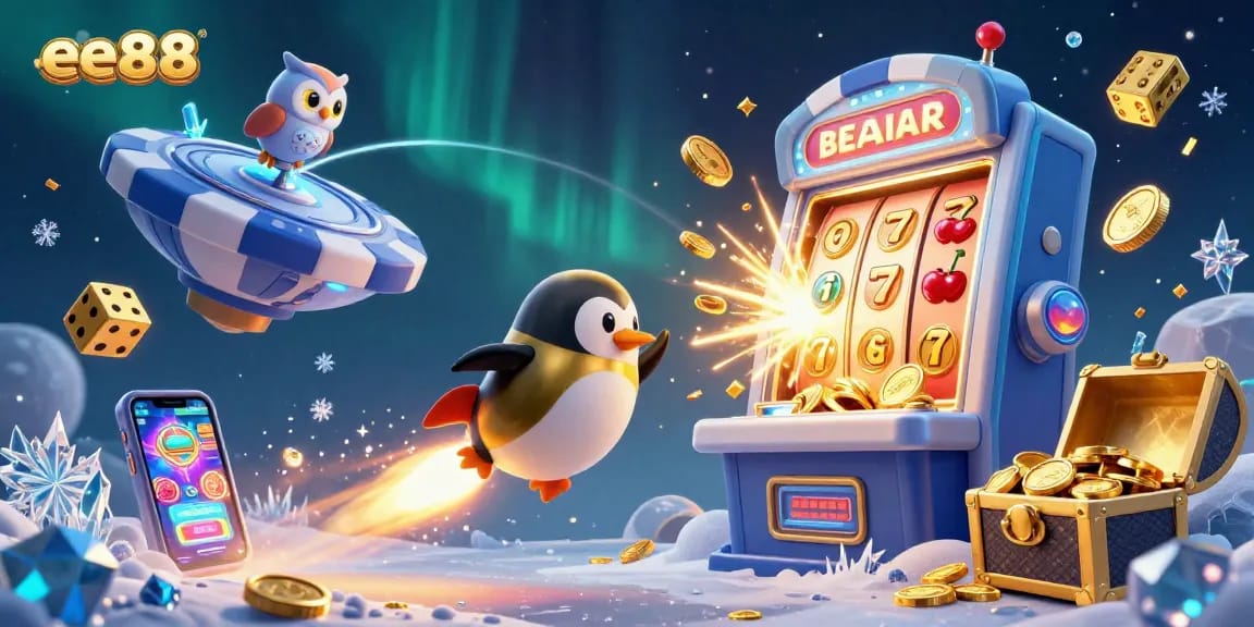 Experience the thrilling adventure at ee88 with a golden penguin racing towards a vibrant casino jackpot.
