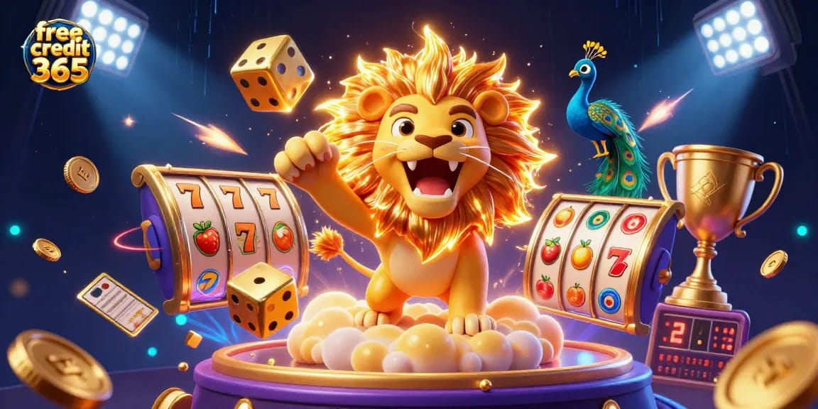 Win with free credit 365 at thrilling online casinos featuring vibrant slot elements and dynamic gold coins.