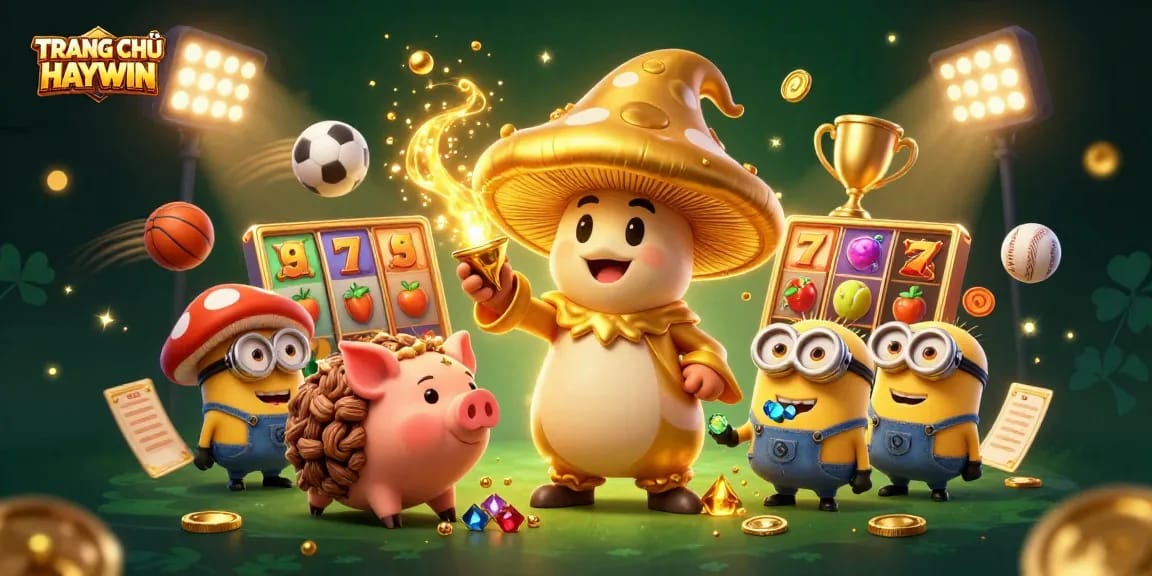 Experience TRANG CHỦ HAYWIN with a vibrant 3D illustration of magical characters amidst dynamic gambling elements.