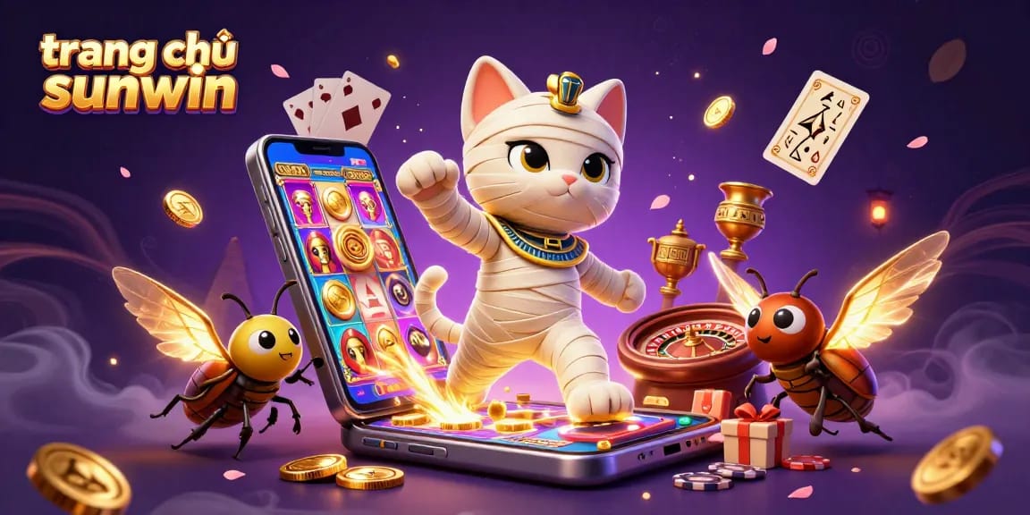 Experience the excitement of trang chủ sunwin with a vibrant 3D illustration of an Egyptian mummy cat in a lavish casino setting.