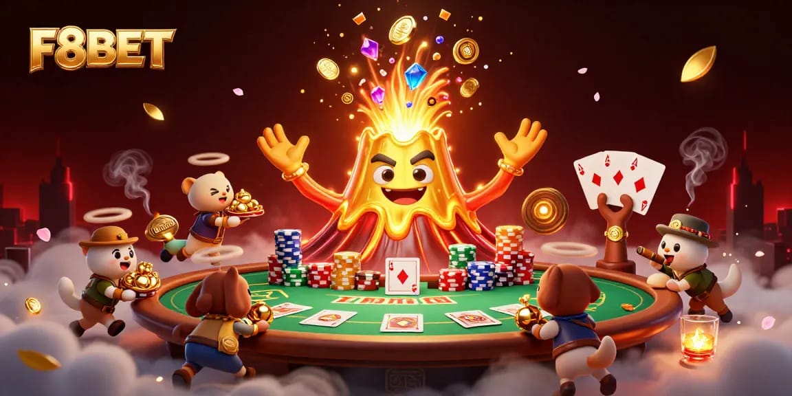Experience thrilling gameplay at F8BET with a triumphant volcano erupting coins, colorful poker elements, and treasure.